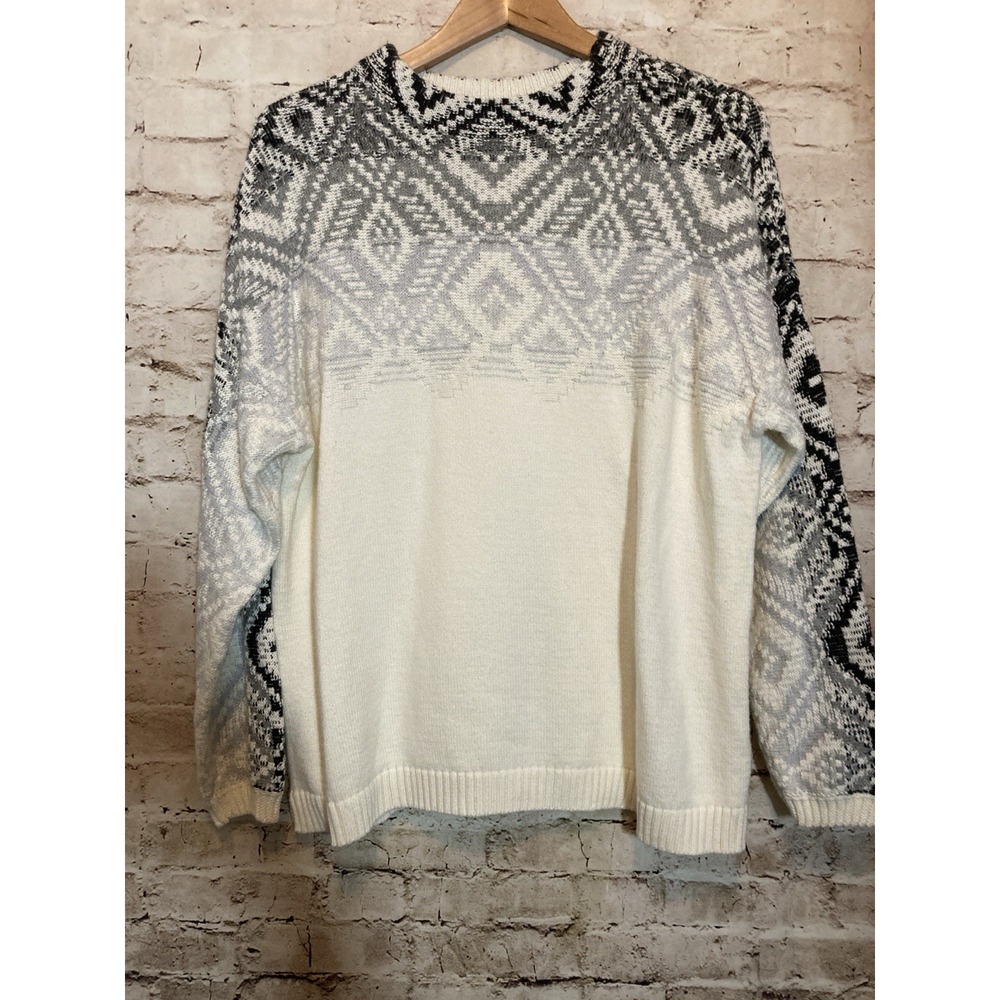 J.Jill Sweater Large Petite Gray & Ivory Fair Isle Nordic Cotton Blend Pullover